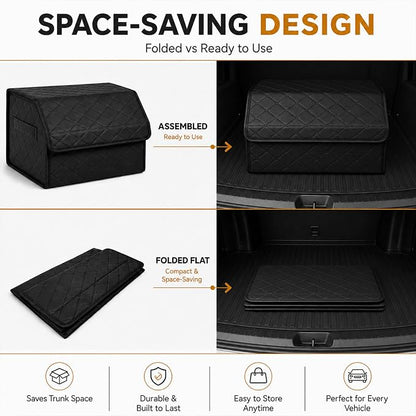 Leather Car Trunk Organizer with Lid,65L Foldable Storage Box for Universal Cars, SUVs, Sedans and MPVs, Removable Divider, Carry Handles, Black