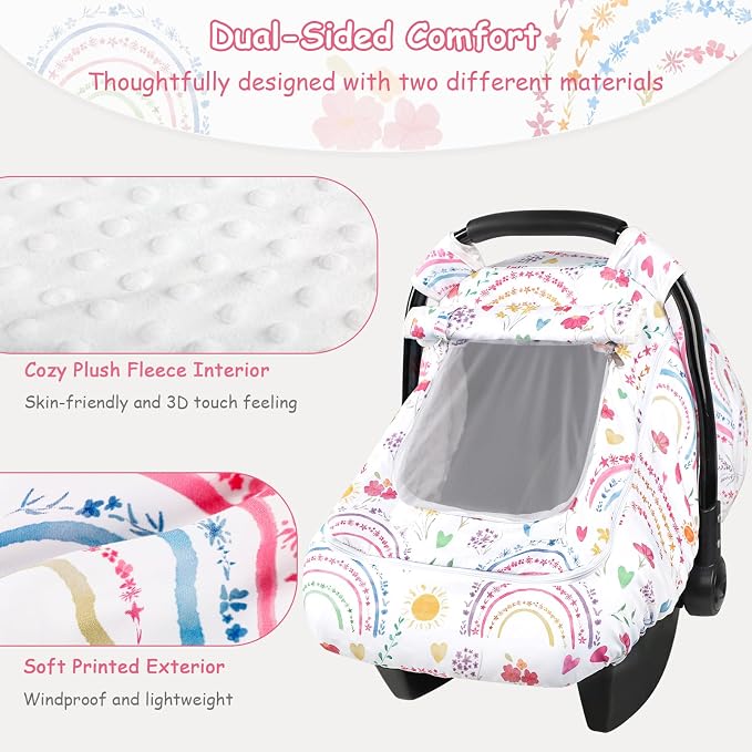 Winter Car Seat Cover Baby with Sunshade & Dual Zipper Windows - Minky Bubble Lined Windproof Soft Shell, Warm Newborn Car Seat Canopy Covers, Elastic Bottom for Stroller & Infant Car Seat, Rainbow