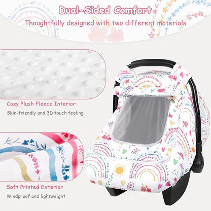 Winter Car Seat Cover Baby with Sunshade & Dual Zipper Windows - Minky Bubble Lined Windproof Soft Shell, Warm Newborn Car Seat Canopy Covers, Elastic Bottom for Stroller & Infant Car Seat, Rainbow