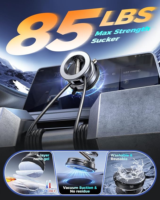 2026 Upgraded Vacuum Magnetic Car Phone Holder, 85LBS Strongest Suction & 2600gf Magnetic for Magsafe Car Mount, 360° Adjustable Foldable Cell Phone Holders for Your Car for iPhone 17 16 15-Silver