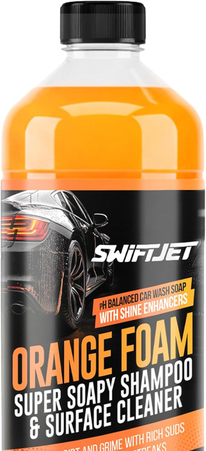 SwiftJet Orange Foam Car Wash Soap – pH Balanced Super Soapy Shampoo & Surface Cleaner – Thick Foaming Suds for Cars, Trucks, SUVs & Boats – Streak-Free Shine, Safe on Wax & Sealant (16 FL OZ)