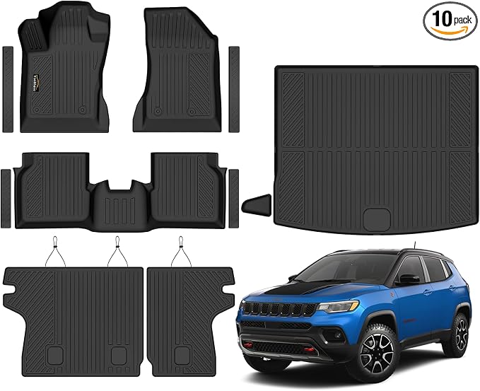 Floor Mats Custom Fit for Jeep Compass 2017-2025 2026 Trunk Mat with Backrest Mat All Weather TPE Rubber Cargo Liner Anti-Slip Full Set for Compass Accessories (Trunk Mat+Backrest Mats+Floor Mats)
