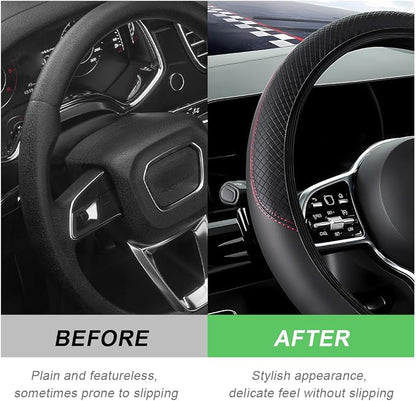 DXNQ Car Steering Wheel Cover, 15 Inch Carbon Fiber Leather Stitching Color Steering Wheel Protector, Anti-Slip Elastic Breathable Steering Wheel Cover Stylish Decor for Most Cars (Black, AD)