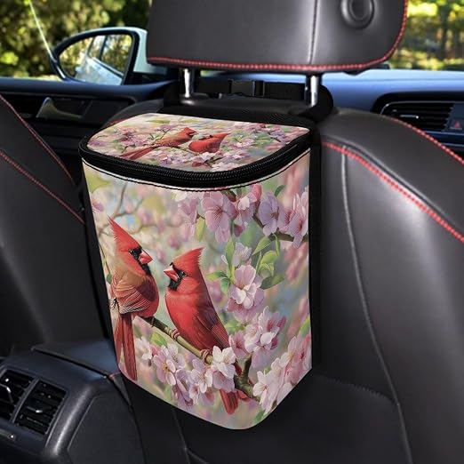 Cardinal Bird Cherry Blossom Print Trash Can for Car Leakproof Garbage with Lid and Zipper Trash Bin Hanging Back of Seat Auto Interior Accessories Universal Fit Most Truck SUV Van