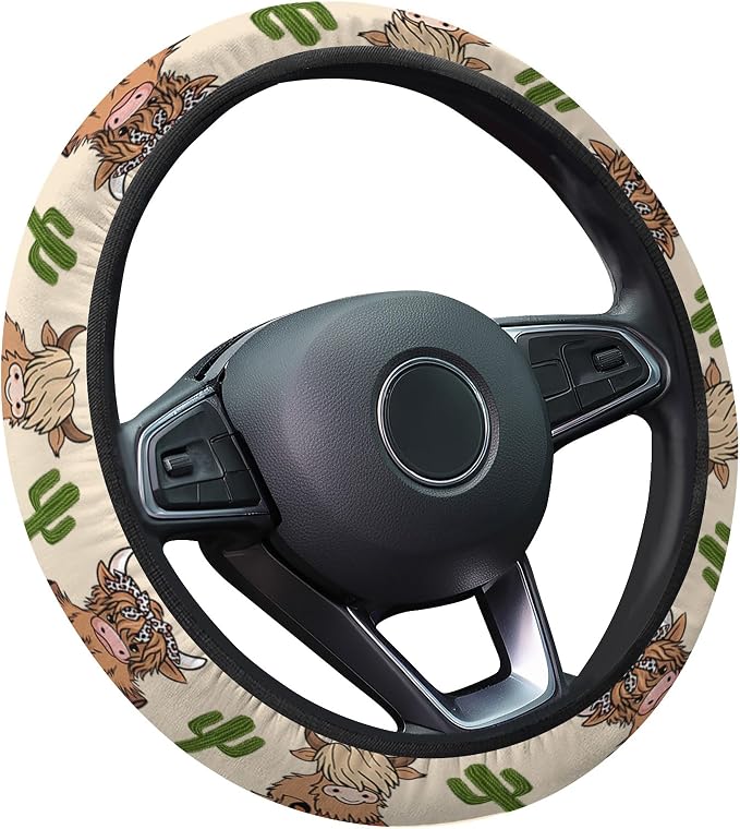 GENANY Cute Highland Cow Steering Wheel Cover, Non Slip Polyester Car Wheel Protector for Car SUV Truck, Universal 15 Inch