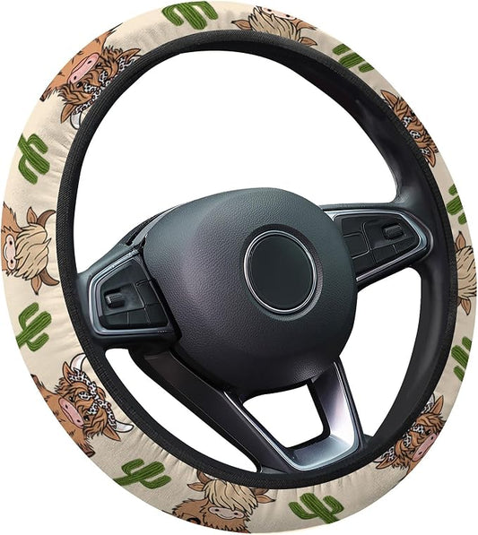 GENANY Cute Highland Cow Steering Wheel Cover, Non Slip Polyester Car Wheel Protector for Car SUV Truck, Universal 15 Inch
