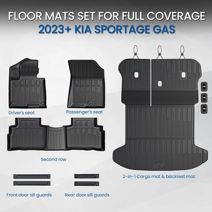 Floor Mats for Kia Sportage Gas 2026 2025 2024 2023(Not Fit PHEV & Hybrid), All Weather TPE Trunk Mat Cargo Liner with Backrest Mats & Door Sill Guards Car Mat Accessories