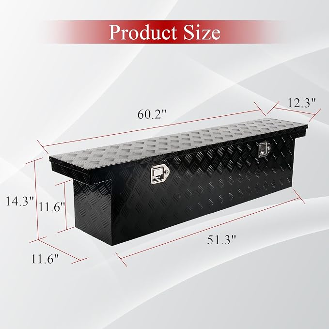 60''Inch Aluminum Truck Tool Box Trailer Chest Box Underbody Storage Organizer Waterproof Square Storage Organizer w/Lock & Keys Black(‎60" Lx12 Wx14 H) Only For Standard cab Or Regular CAB