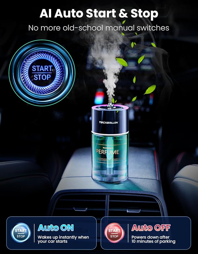 TECXERLLON Smart Car Air Freshener Diffuser with Star Light, 120ml Perfume, Long Lasting, Auto On/Off, 4 Mist Modes, Rechargeable Car Aroma Diffuser Aromatizante Para Carro for Home, Office-Cologne