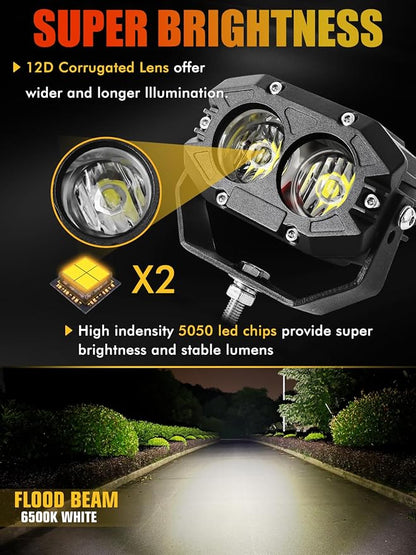MAYELLO 4Inch LED Pod Lights - 60W White Flood Beam Off Road & Fog Lights with 12D Corrugated Lens, Compatible with Jeep Wrangler, Truck, Pickup, ATV, UTV, SUV, Motor Car, Boat