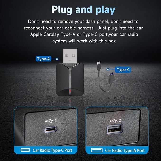 Mini Wireless CarPlay Adapter, Upgrade Wired CarPlay to Wireless for Cars with Built-in Wired CarPlay & Android Auto, Plug and Play Easy Use Fast Stable Connection for iPhone & Android