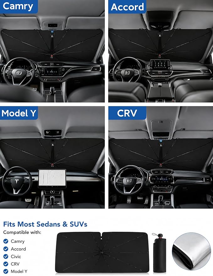 Windshield Sun Shade Umbrella for Car, Foldable Car Windshield Sunshade UV Block Heat Insulation, Fits Sedan SUV Truck, Compatible with Camry Accord Civic CRV Model Y Ideal Gifts for Men & Women