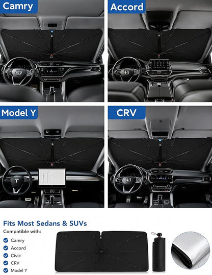 Windshield Sun Shade Umbrella for Car, Foldable Car Windshield Sunshade UV Block Heat Insulation, Fits Sedan SUV Truck, Compatible with Camry Accord Civic CRV Model Y Ideal Gifts for Men & Women