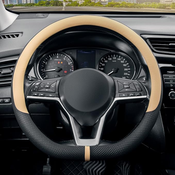 SEG Direct Flat Bottom Steering Wheel Cover Breathable, D Shaped Car Wheel Cover 14 1/2-15 in. (37-39 cm), Black Beige Microfiber Leather