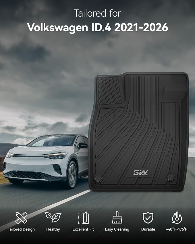 3W Floor Mats Fit for Volkswagen ID.4 2021-2025 2026, All Weather Custom Fit Floor Liner 1st & 2nd Row Full Set for Volkswagen ID4 Accessories, Black