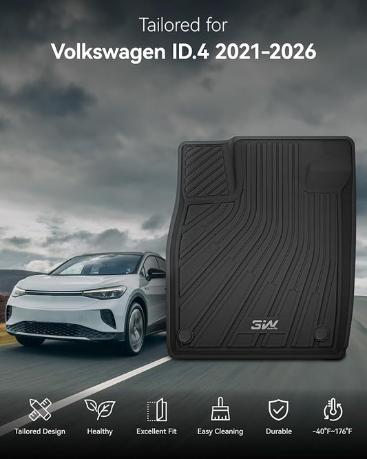 3W Floor Mats Fit for Volkswagen ID.4 2021-2025 2026, All Weather Custom Fit Floor Liner 1st & 2nd Row Full Set for Volkswagen ID4 Accessories, Black