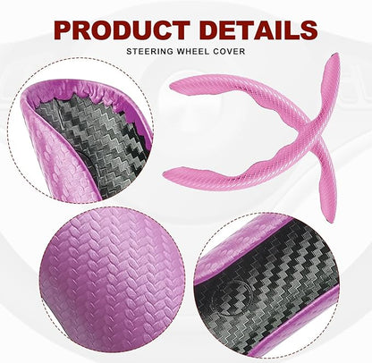 Universal Fit Carbon Fiber Steering Wheel Cover, Segmented Steering Wheel Protector, Carbon Fiber Anti-Skid Steering Wheel Cover Car Interior Accessories (2 Pcs Pink)