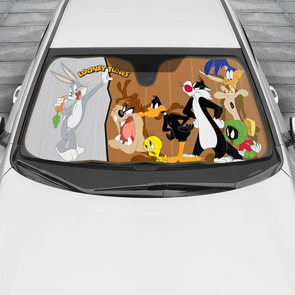 Looney Tunes Car Windshield Sun Shade for Front Window, Officially Licensed Car Sun Shade with Bugs Bunny Taz Daffy Duck and Friends Graphic, Accordion Style Sun Visor Sunshade for Car Windshield