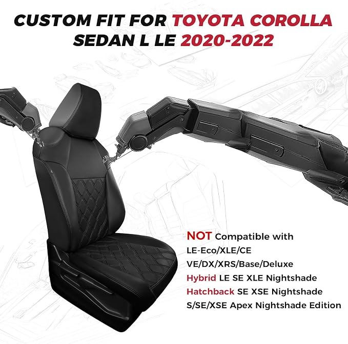 FREESOO for Toyota Corolla Seat Covers L LE 2020 2021 2022, Luxury Leather Seat Covers for Cars, Custom Fit Car Seat Covers, Waterproof Car Seat Cover Cushions Protector, Black Full Set