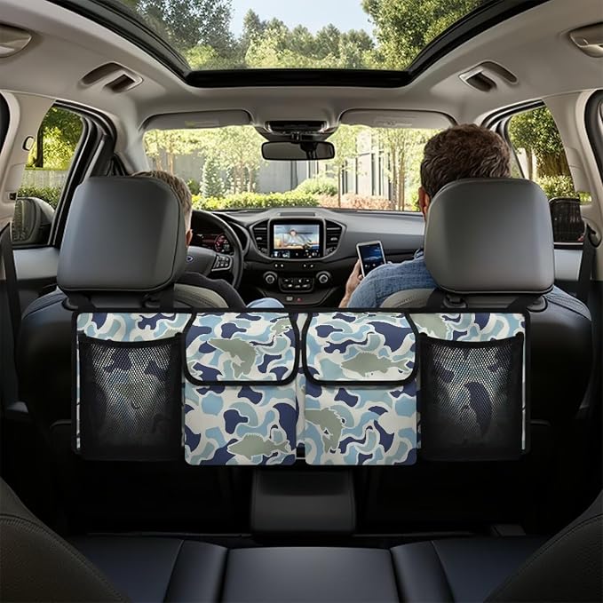 Fish Camouflage Hanging Car Organizer Waterproof Foldable Cars Interior Organizing Accessories 37" x 11.8" Large Capacity Car Organizers and Storage for Cars SUV Sedans