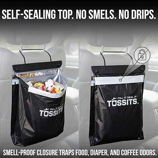 Tossits Recycled Disposable Car Trash Bags – Leakproof, Smell Proof Hanging Garbage Bags for Car, Truck, SUV, RV & Vehicle – Black, 42 Count Disposable Automotive Trash Bags
