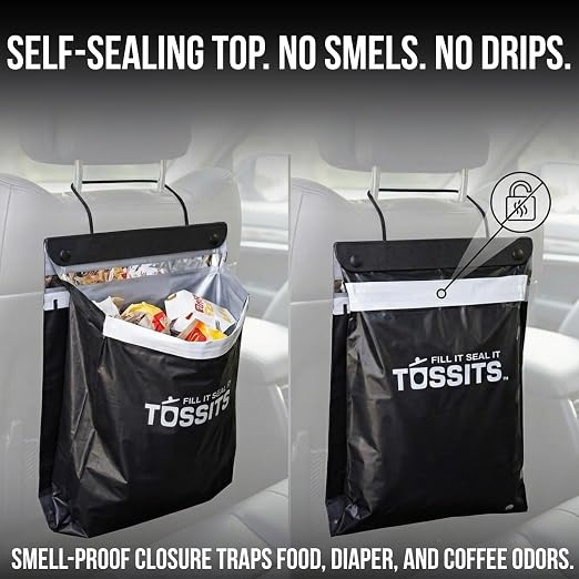 Tossits Recycled Disposable Car Trash Bags – Leakproof, Smell Proof Hanging Garbage Bags for Car, Truck, SUV, RV & Vehicle – Black, 21 Count Disposable Automotive Trash Bags
