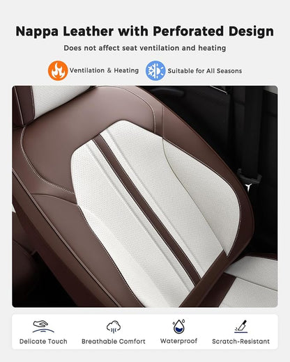 Huidasource Car Seat Covers Full Set, Luxury Faux Leather Car Seat Covers, Velcro Adjustable, with Airbags, Child Seat, Cooling＆Heating, Universal Fit for Most Cars, Vans, Trucks, SUVs, Coffee＆White