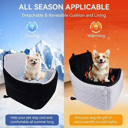 Dog Car Seat for Small/Medium Dogs Under 30lbs, Double-Sided Cooling & Warm Booster Seat, Detachable & Washable Elevated Pet Bed with Pockets, Anti-Slip Base for Front & Back Seats with Safety Leash