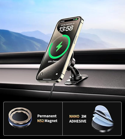 BHHB for Magsafe Car Mount Charger, [2026 Upgrade] 15W 2in1 Magnetic Wireless Car Charger, for Magsafe Car Charger, Vent/Dashboard Phone Holder, ONLY for iPhone 17 16 15 14 13 12 Series(Purple)