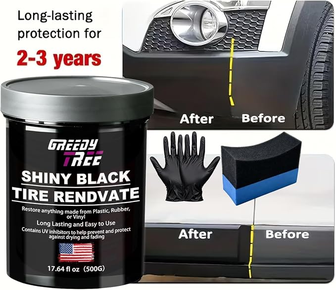 Shiny Black Tire Renovator, The Perfect Deep Black Shine - Long Lasting Car Tire Dressing - No Sling & Dry to Touch, 17.64 Oz Kit with Applicator and waxing Gloves