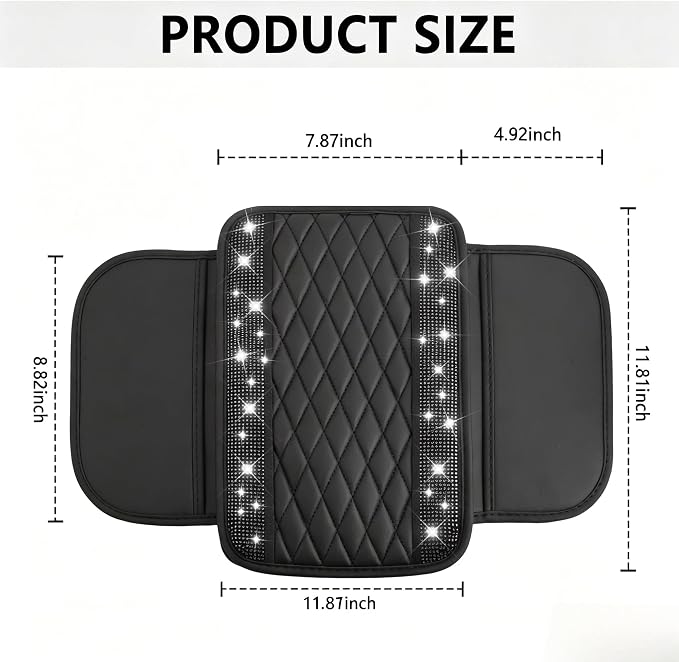 Stacool Upgraded Car Center Console Cover with Rhinestones,Microfiber Leather Car Armrest Cover Cushion with 2 Storage Bags,Universal Cars Armrest Storage Box as Cars Interior Accessories