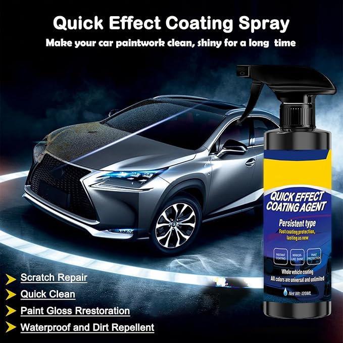 Quick Effect Coating Agent for Car - Hydrophobic Ceramic Coating Spray for Car with UV Protection, Water Beading Paint Protection, Deep Gloss Shine, Long Lasting Polish Spray Wax - 120ml