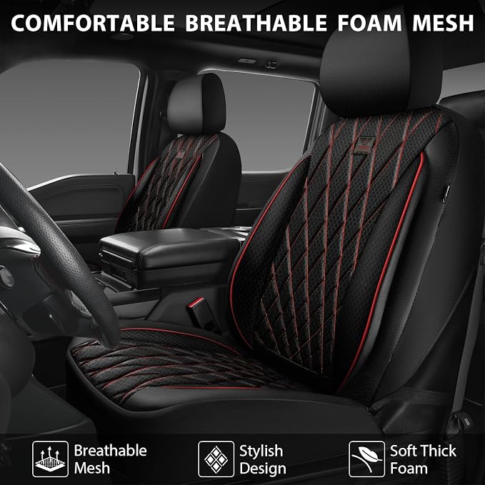 CAR PASS Thick Foam 3D Air Mesh Leather Car Seat Covers Front Seats Only, Breathable Premuim Leather Two Front Seat Cover, Airbag Compatible Universal Fit for 95% Sedan Van Truck SUV,Black and Red