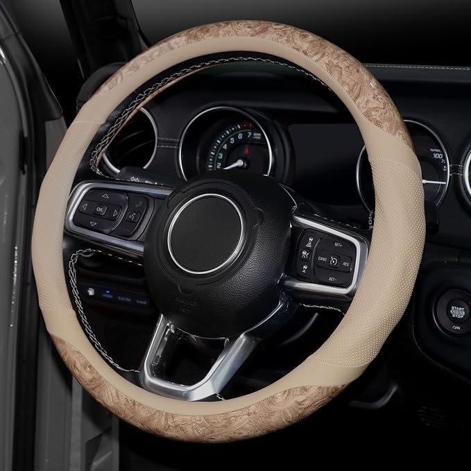 KAFEEK Wood Grain Steering Wheel Cover, Breathable Microfiber Leather, Non-Slip, Universal 14.5-15 inch Steering Wheel Accessory, Beige