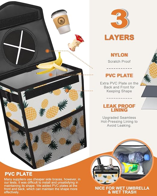 Pritent Car Trash Can with Lid, Cute Leakproof Car Trash Garbage Bag Hanging Vehicle Trash Bin Small Portable Automotive Garbage Cans Organizer for Back/Front Seat(Trapezoid,Pineapple Print