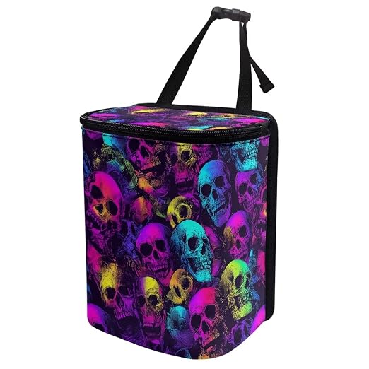Talayituse Colorful Skull Print Car Trash Bin, Large Size Auto Trash Can Adjustable Portable Garbage Can with Lid, Vehicle Hanging Bag for Headrest Front Back Seat
