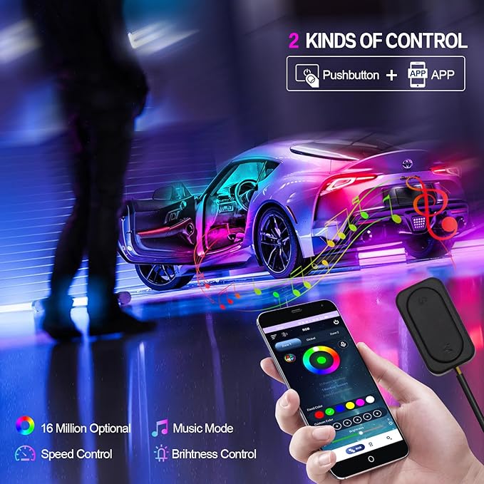 Dreamcolor Acrylic Car Interior Lights 22 in 1 RGB LED Strip Lights APP Control Zoned Control System 252 Color Modes DIY Fiber Optic Ambient Lighting Kits Music Car Neon Light Kits New Version