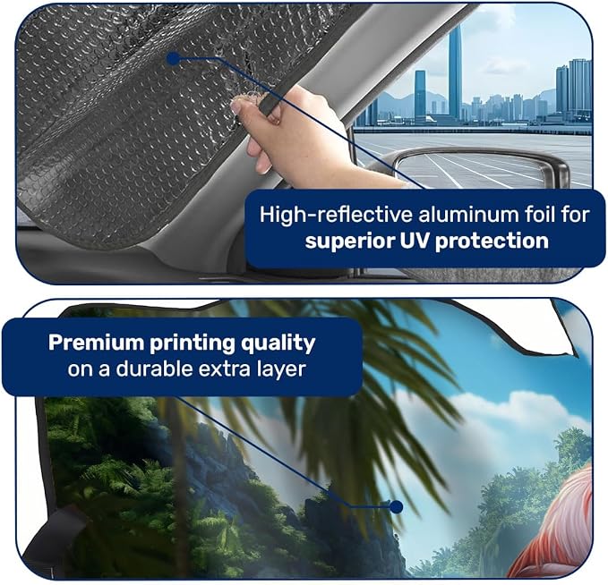 GENANY Flamingo Windshield Cover for Car SUV Truck (55x30 Inches), Foldable Heat Shield, Shades for Front Windows, Protector Blocks UV, Car Decor