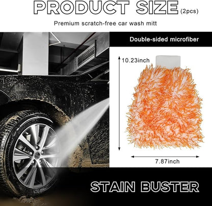 Yourkar 2 PCS Car Wash Mitt, 8"×10" Soft & Scratch-Free Premium Plush Microfiber Washing Glove, Machine Washable Lint Free Absorbent Detailing Wash Mitt, Universal Car Accessories (Orange)