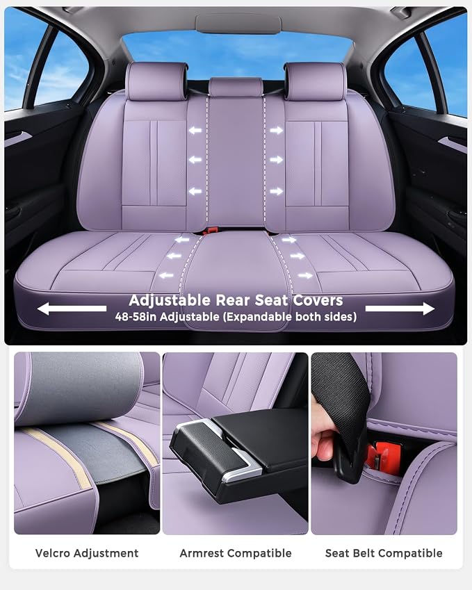 Huidasource Purple Back Seat Cover Luxury Nappa Leather, Rear Seat Cover with Velcro Adjustable, Ventilation Holes, Child Seats, Seat Covers Waterproof Universal Fit for Most Cars SUV Trucks, Purple