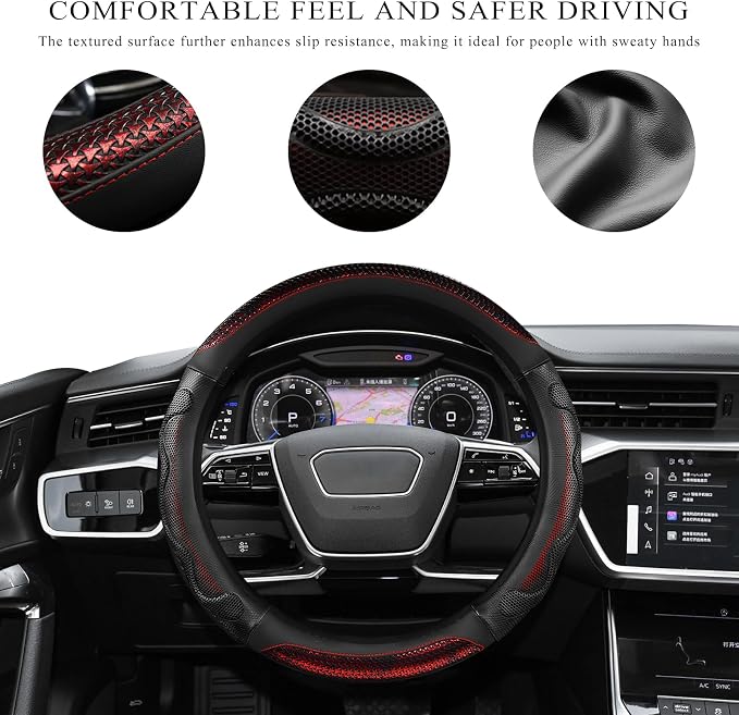 Car Steering Wheel Cover, 15 Inch Anti-Slip Steering Wheel Cover Protector with 3D Honeycomb Design, Universal Steering Wheel Covers for Truck SUV, Car Accessories (Red, Round Shape)