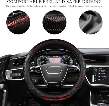 Car Steering Wheel Cover, 15 Inch Anti-Slip Steering Wheel Cover Protector with 3D Honeycomb Design, Universal Steering Wheel Covers for Truck SUV, Car Accessories (Red, Round Shape)