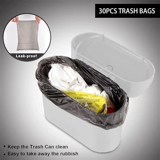 Mini Car Bin with Lid and 2 Trash Bags - White, Cute Car Accessory for Storage and Organization, Small Trash Can for Kitchen, Bedroom and Office