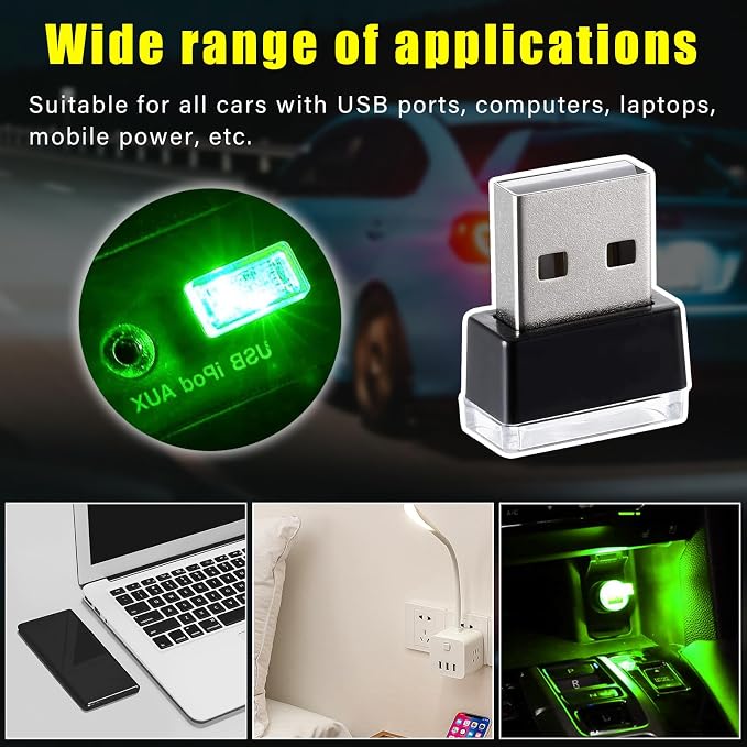 Augeny 4 PCS USB LED Car Interior Atmosphere Lamp, Plug-in USB Decor Night Light, Portable Auto Ambient Lighting Kit, Universal Vehicle Interior Accessories for Most Cars (Green)