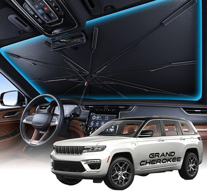 Wigoo Windshield Sun Shade Umbrella for Jeep Grand Cherokee 2011-2026 [100% Sun Blockage, Ice Cooling Fabric] Foldable Front Window Sunshade Umbrella for Jeep Grand Cherokee 2011-2026