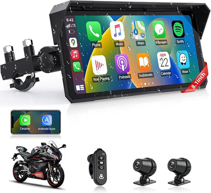 8.1 Inch 4K Motorcycle CarPlay Screen w 4K Dash Cam Wireless Carplay Android Auto Screen for Motorcycle with GPS Navigation Voice Control WiFi Video Dual Bluetooth IPX7 Waterproof Wired Control