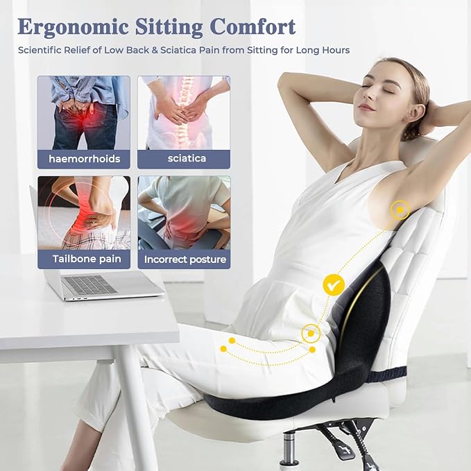 Car Seat Cushion, Memory Foam Driving Cushion with Adjustable Strap, Ergonomic Pad for Car & Semi Truck, Office Chair Cushion for Sciatica & Lower Back Pain Relief, Dark Gray