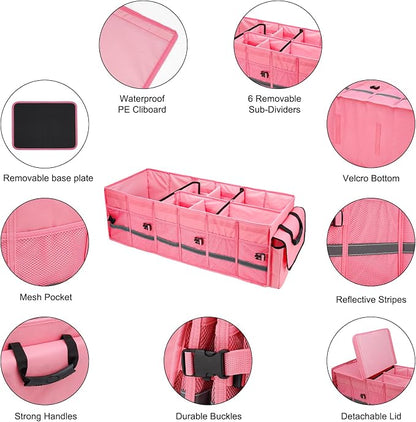 GDNasist Car Trunk Organizer and Storage with Lid & Removable Cooler Bag, Car Accessories 6 Removable Dividers for Custom Space, Collapsible Large Trunk Organizers Interior for SUV & Sedan, Pink