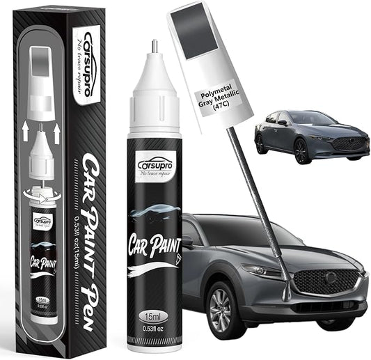 Polymetal Gray Metallic(47C) for Mazda Touch Up Paint Pen, 2 in 1 Car Scratch Remover with Pen Tip and Brush, Precise Color Match for Car Paint Scratch Repair, Quickly and Easily Fix Chips and Nicks