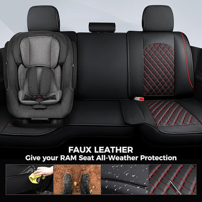 FREESOO Car Seat Covers Full Set for Dodge Ram 2002-2018 1500 & 2011-2026 2500 3500 Crew Quad Cab, 2019-2024 Ram 1500 Classic Leather Seat Cover, with Curved Bench, Black Red